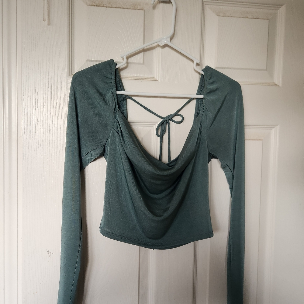 teal cowl neck top